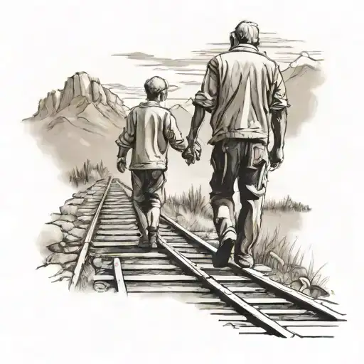 Father And Son Holding Hands Walking On Railroad In Mountains
