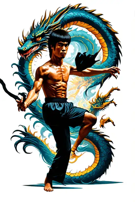 Bruce Lee With Dragon Behind Him And Kicking Silouette