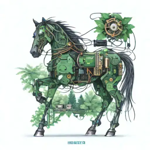 A Mechanical Horse Made Of Circuit Boards And Wires Surrounded By A Lush Forest Background
