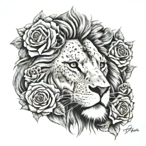 Lion Face With Roses Blooming And Memorial