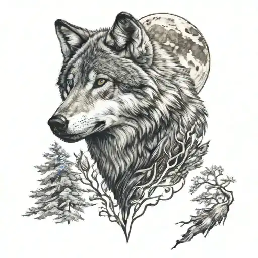 Gray Wolf And Half Moon