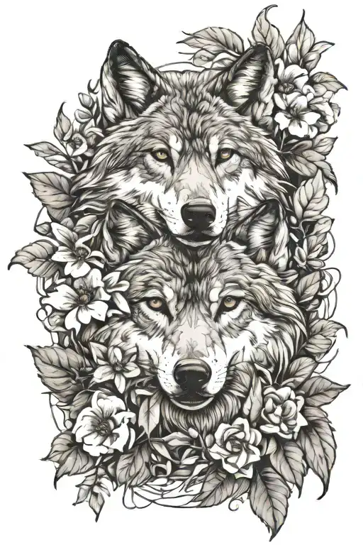 Wolf Surroundded With Flowers And Leaves