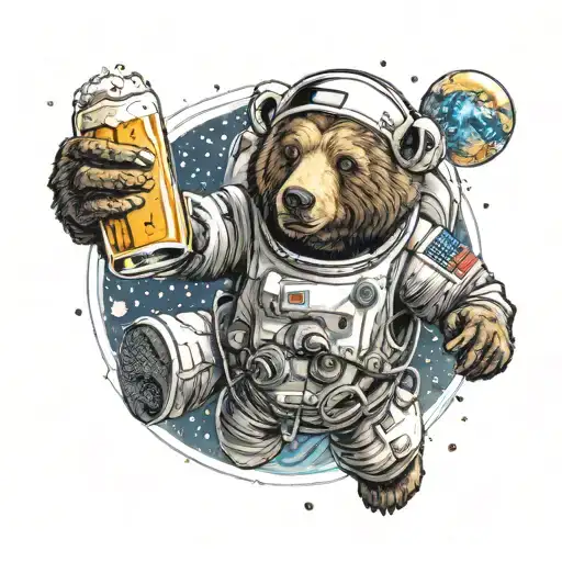 A Bear Astronaut Floating In Space With A Beer In Hand