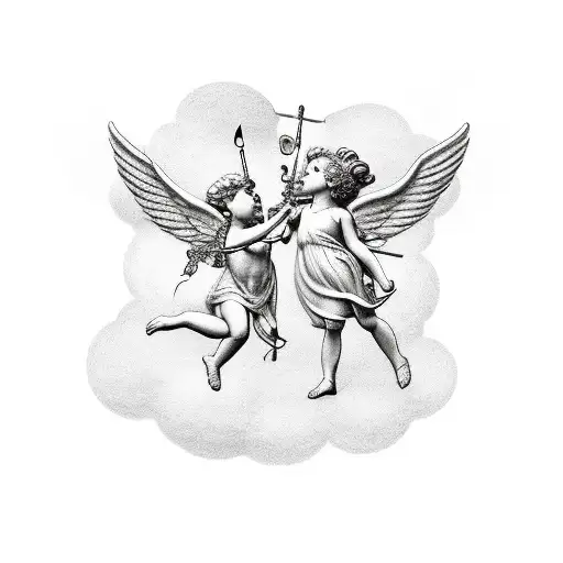Cupid And Themis On The Background Of Clouds And Thunderstorms