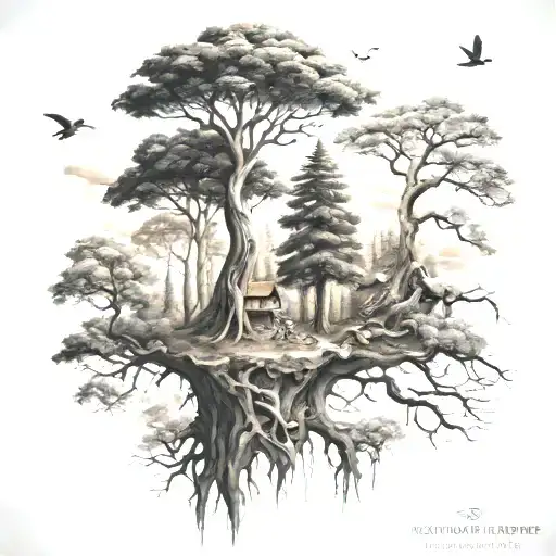 Tree Forest With Animals And Nature Tattoo Design