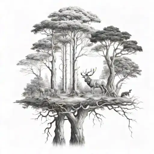 Tree Forest With Animals And Nature Tattoo Design