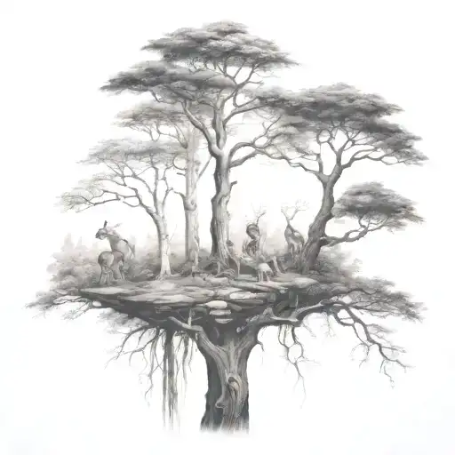 Tree Forest With Animals And Nature Tattoo Design