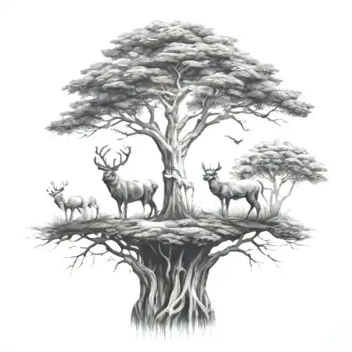 Tree Forest With Animals And Nature Tattoo Design