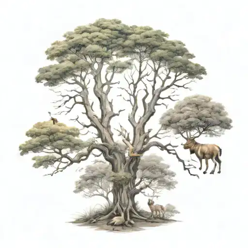 Tree Forest With Animals And Nature Tattoo Design