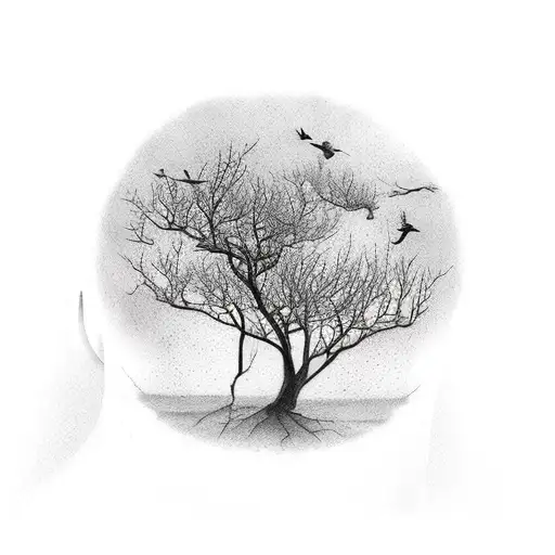 Tree With Birds Flying Off It