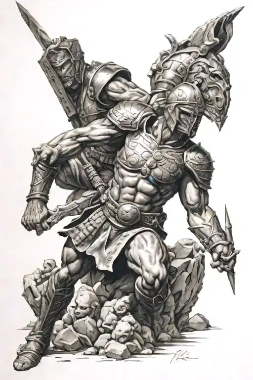 Warrior Battling And Statue Head