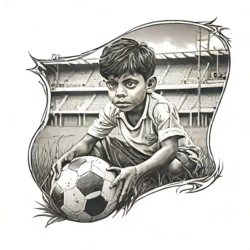 Small Kid Holding Football Infront Of Football Field In Kerala