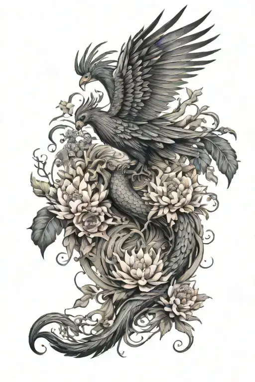Mythology Mixed Rising Phoenix With Japanese Dragon Surrounded By Japanese Flowers