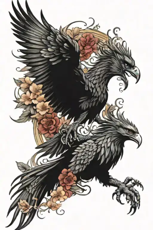 Mythology Mixed Rising Phoenix Flying With Japanese Dragon Surrounded By Japanese Flowers
