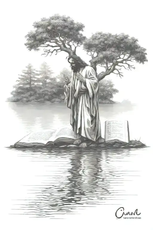 Jesus Christ Standing In A River Surrounded By Trees And Plants Reading The Bible