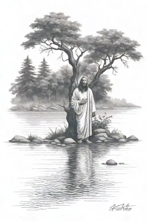 Jesus Christ Standing In A River Surrounded By Trees And Plants Reading The Bible