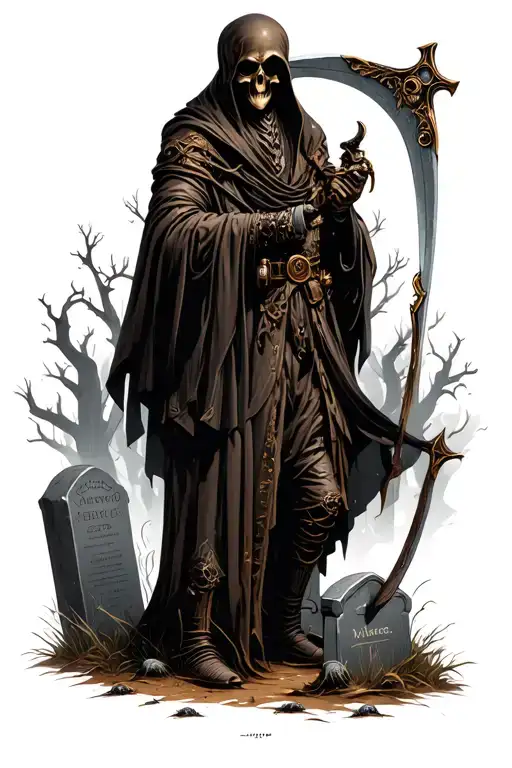 Steampunk Reaper With Scythe On Graveyard Scene With Tombstones In Rats