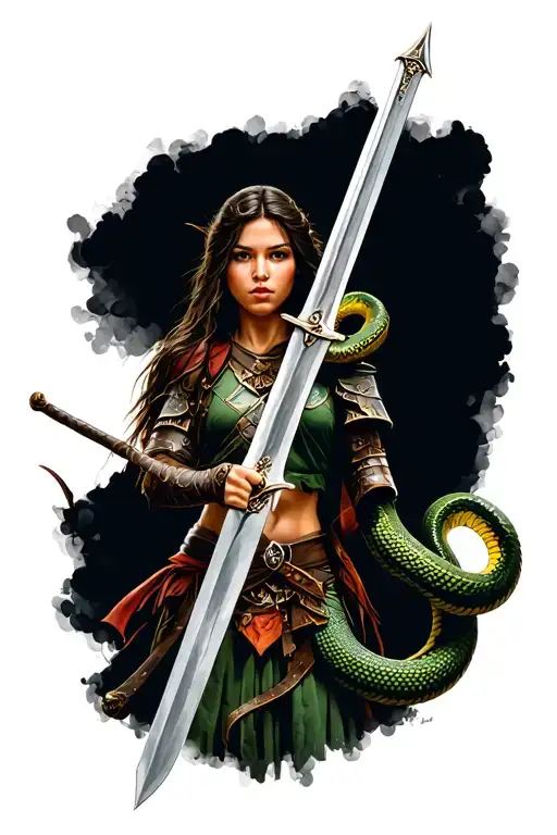 Highland Female Warrior Wielding A Sword With A Snake Enrolled On It