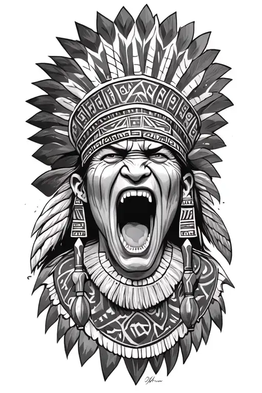 Aztec Warrior Screaming Intense Tribal Patterns