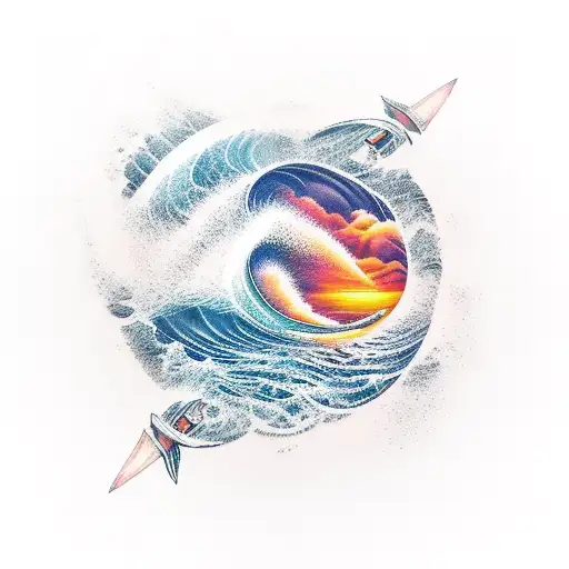 Ocean Wave With Odyssey Ship And Sky On Fire On Upper Left Back