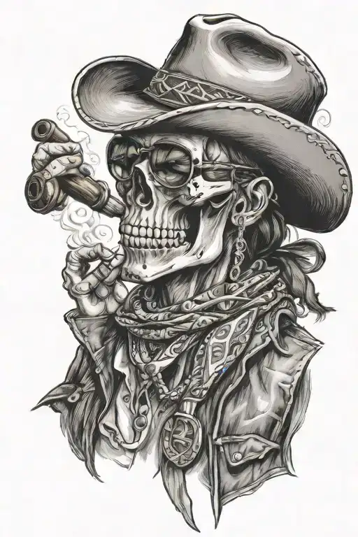 Cowboy Skull Poker Player Smoking A Cigar With Aviator Glasses And Bandana
