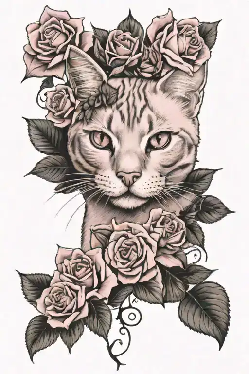 Pink Cat And Roses Blooming