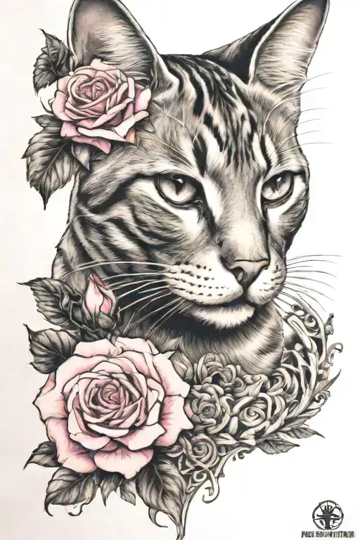 Pink Cat And Roses Blooming