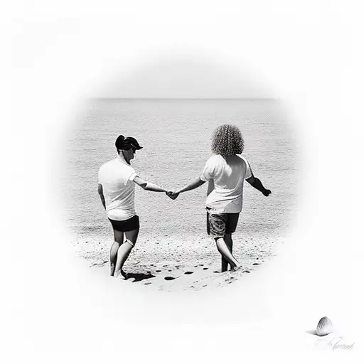 Daughter And Dad Holding Hands At The Beach Looking At Shells