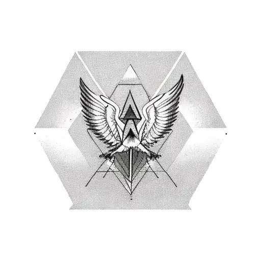 A Tattoo With Triangle Shape With A Man Walking Towards You And In The Background A Phoenix