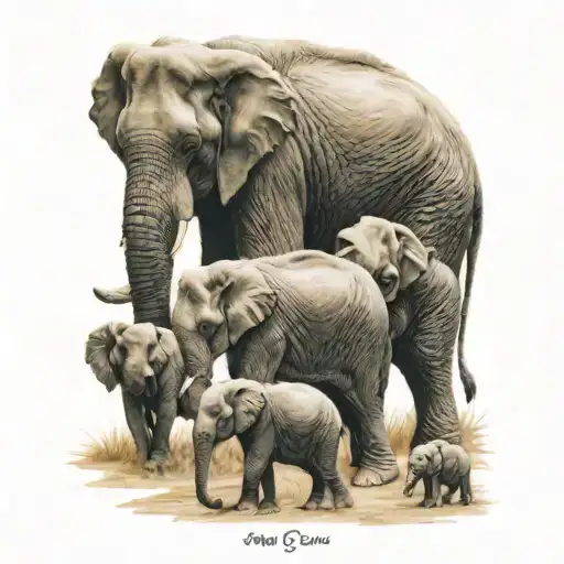 Elephant With Little Elephants Walking Togther