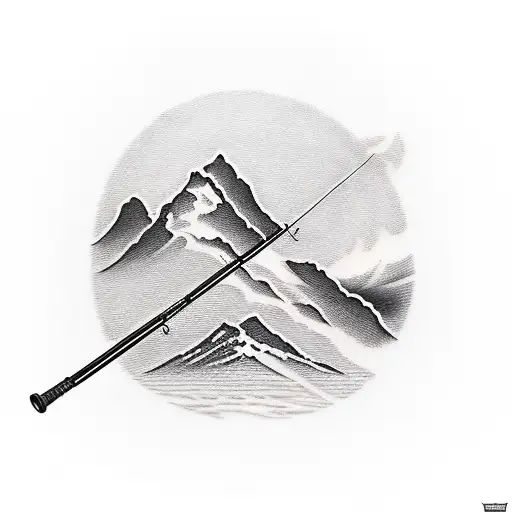 A Traditional Tattoo Of A Fishing Rod With A Majestic Mountain Backdrop