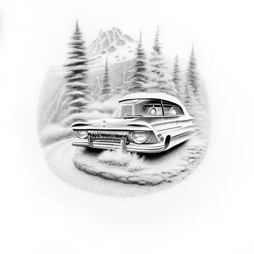 A Realistic Tattoo Of A Vintage Car Driving Through A Scenic Mountain Road