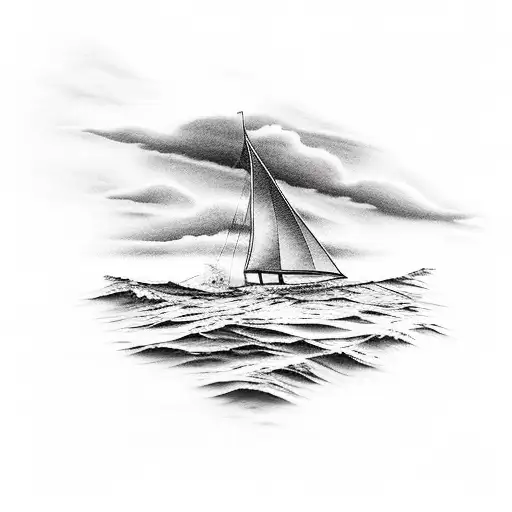 A Traditional Tattoo Of A Sailboat Navigating Through Ocean Waves Under A Setting Sun