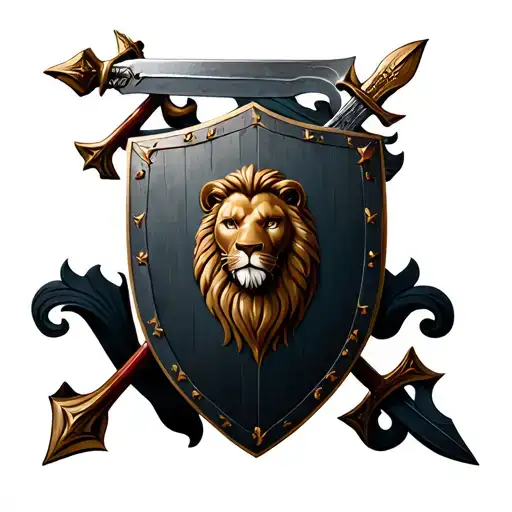 Roman Shield With Sword And Spear Background And Lion In The Middle