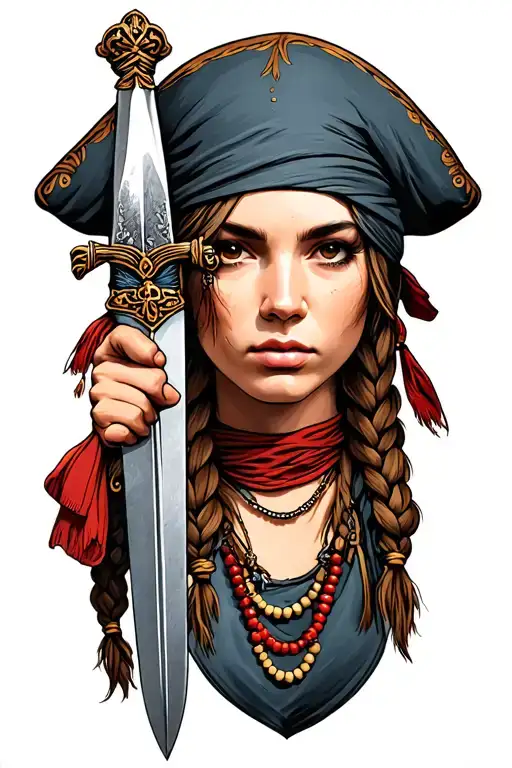 Female Pirate Realism Holding Dagger And Wearing Bandana With Beads And Braids