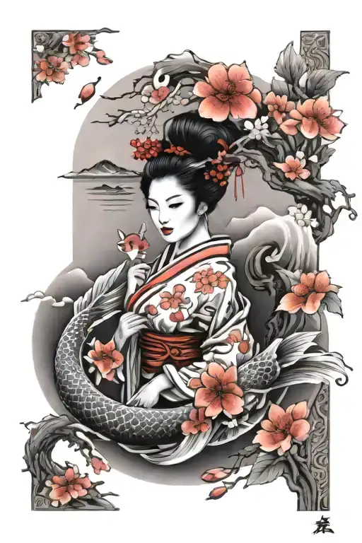 Geisha Cherry Blossom Koi Fish Swimming Kitsune Fox