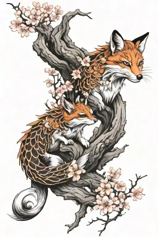 Geisha Cherry Blossom Tree Koi Fish Swimming Kitsune Fox