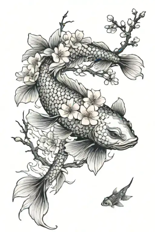 Geisha Cherry Blossom Tree Koi Fish Swimming