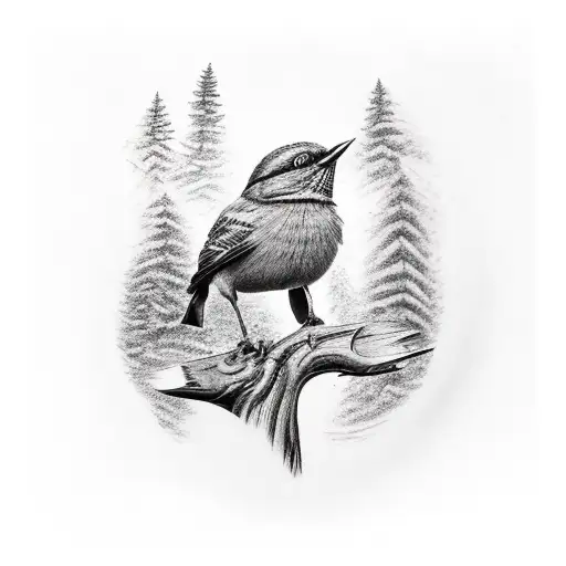 An Axe Lodged In An Old Tree Stump With A Bird Sitting On The Axe Handle