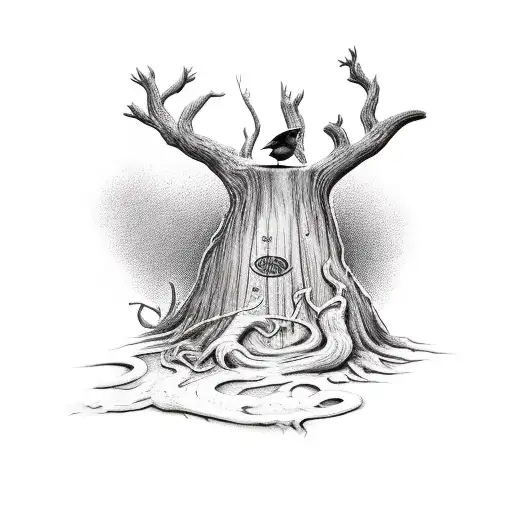 Axe Standing In An Old Tree Stump With A Bird Sitting On The Axe Handle