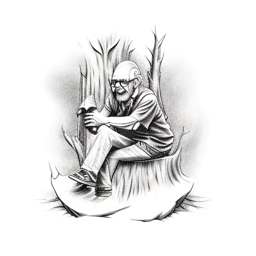 An Old Man Sitting On A Tree Stump Holding An Axe