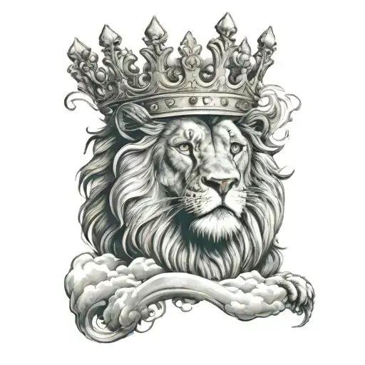 Lion With A Crown With Flowing Hair Into Cloud