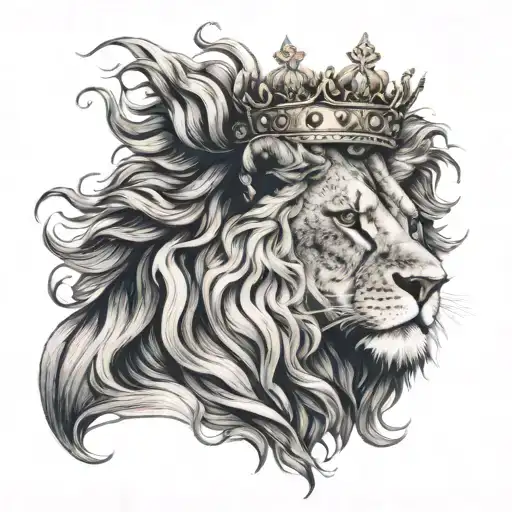 Lion Wearing A Crown Hair Flowin Ocean Wave To The Left