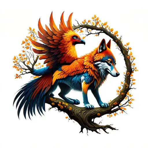 Phenix Monitored By A Benevolent Wolf In A Tree Of Life