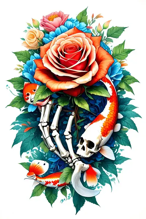 Skeleton Arm Holding A Rose Surrounded By Flowers With Koi Fish Swimming Around The Hands