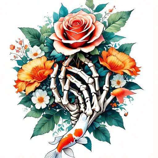 Skeleton Arm Holding A Rose Surrounded By Flowers With Koi Fish Swimming Around The Hands