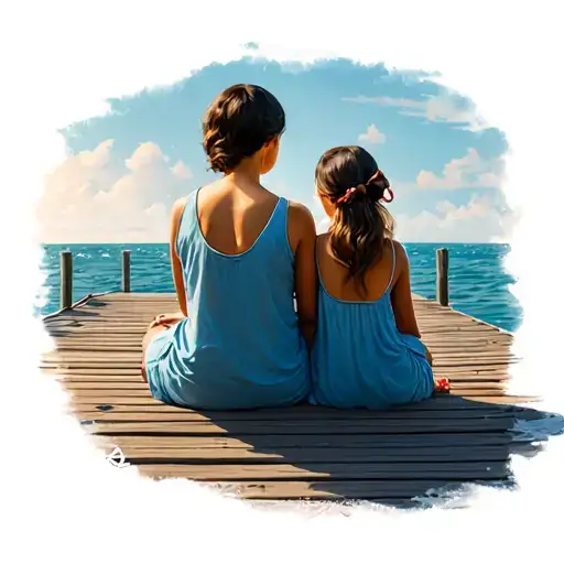 Mom And Daughter Are Sitting Back On The Pier