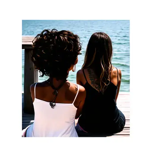 Mom And Daughter Are Sitting On The Pier With Their Back