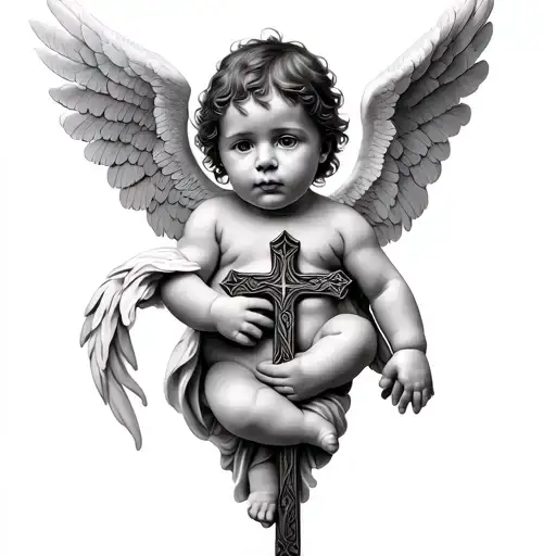 Baby Angel Holding A Cross Tattoo On The Chest