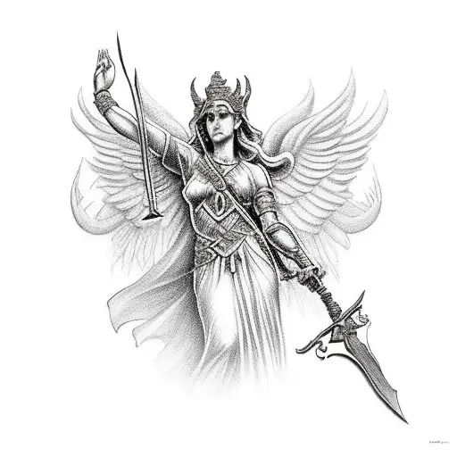 The Goddess Of Justice With A Sword Raised Up And In Her Hands Holds The Head Of A Demon